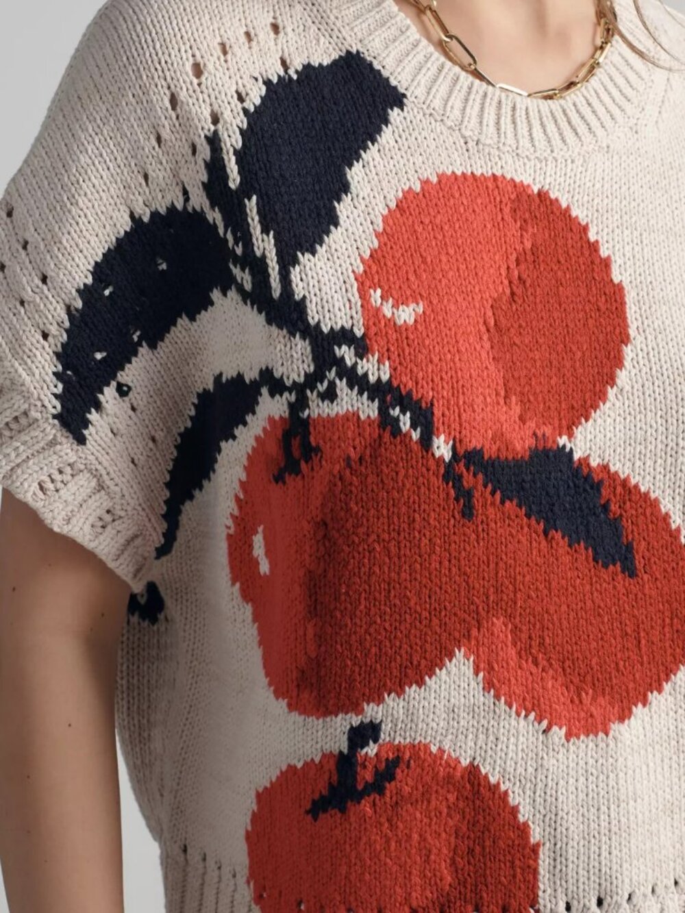 Anthropologie Maeve Short-Sleeve Veggie Motif Graphic Sweater Apples XL NWT - Picture 3 of 5